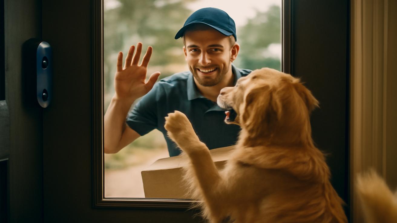 Doorbell camera catches delivery driver stopping every afternoon just to greet a lonely golden retriever waiting at the window
