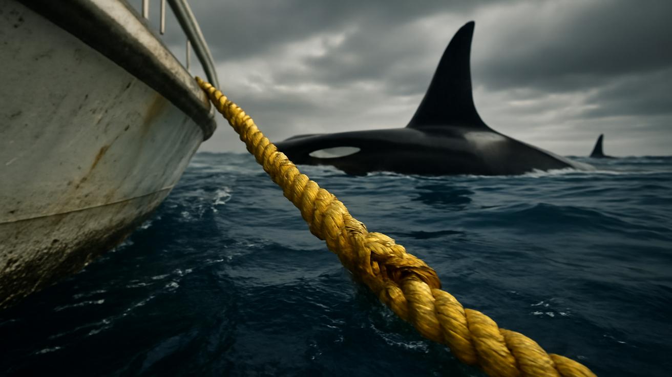 Fishermen report sharks biting their anchor lines just moments after orcas surrounded their boat in a tense marine encounter