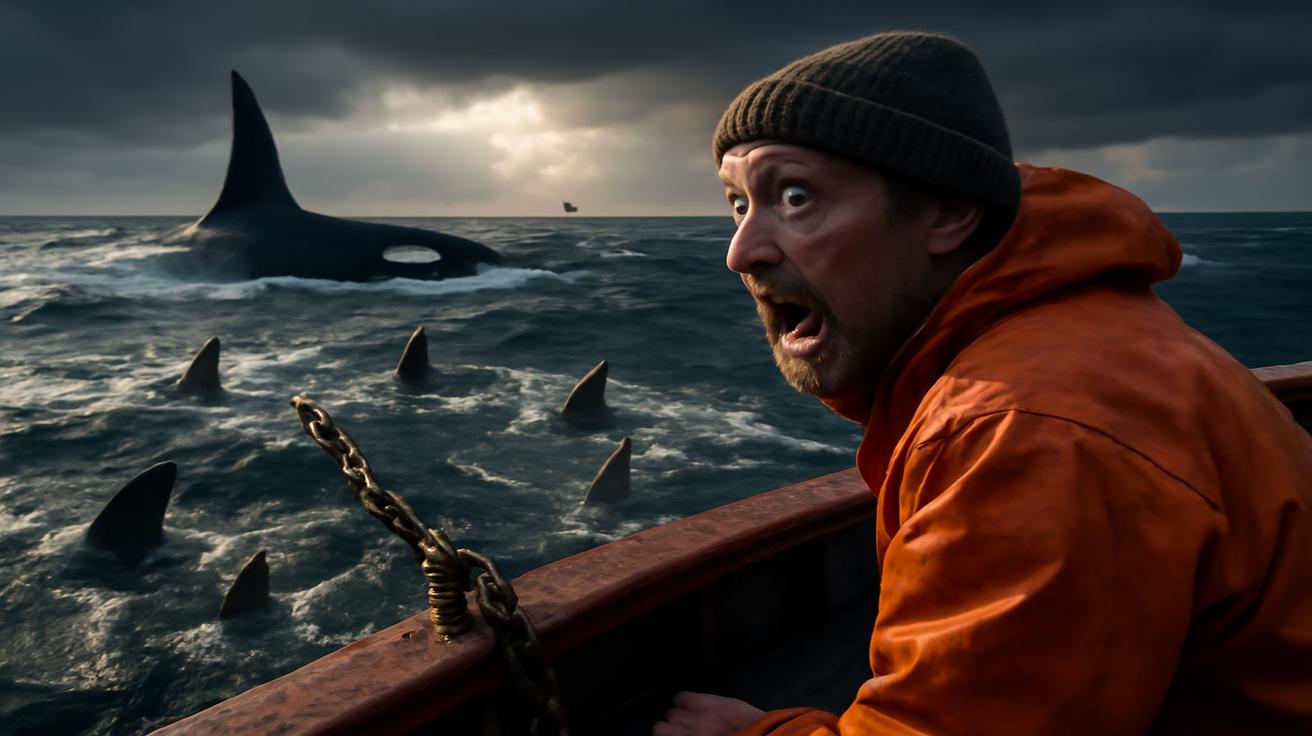 Fishermen say sharks attacked their anchor chain just after orcas closed in on their boat leaving experts baffled by the timing