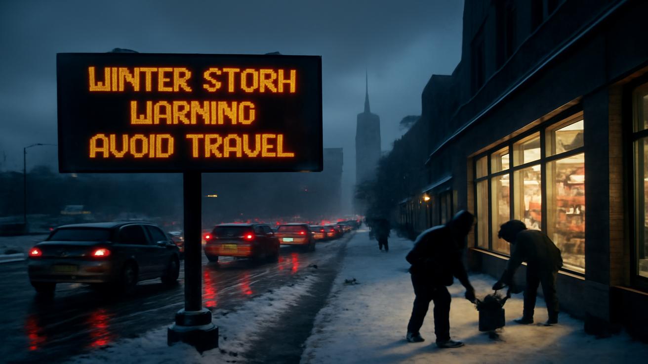 Heavy snow is expected to begin tonight as authorities urge drivers to stay home, while businesses push to keep normal operations running