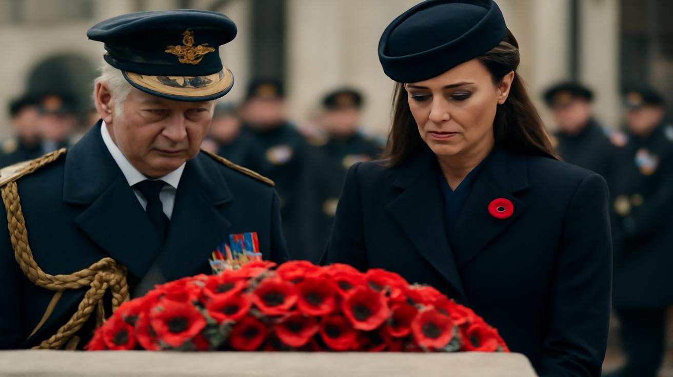King Charles III and Kate Middleton appear side by side at a military tribute, honoring fallen servicemen with visible emotion