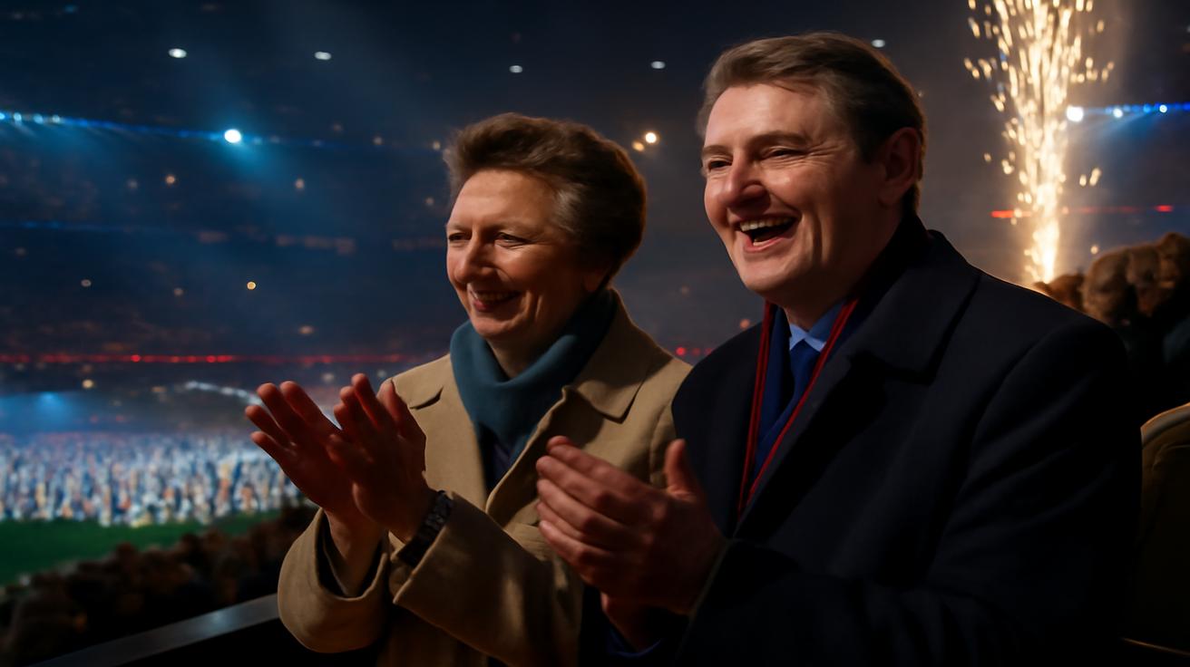 Princess Anne and her husband, Sir Tim Laurence, supporting athletes of Great Britain, during the opening ceremony of the Milano Cortina 2026 Winter Olympics at San Siro Stadium