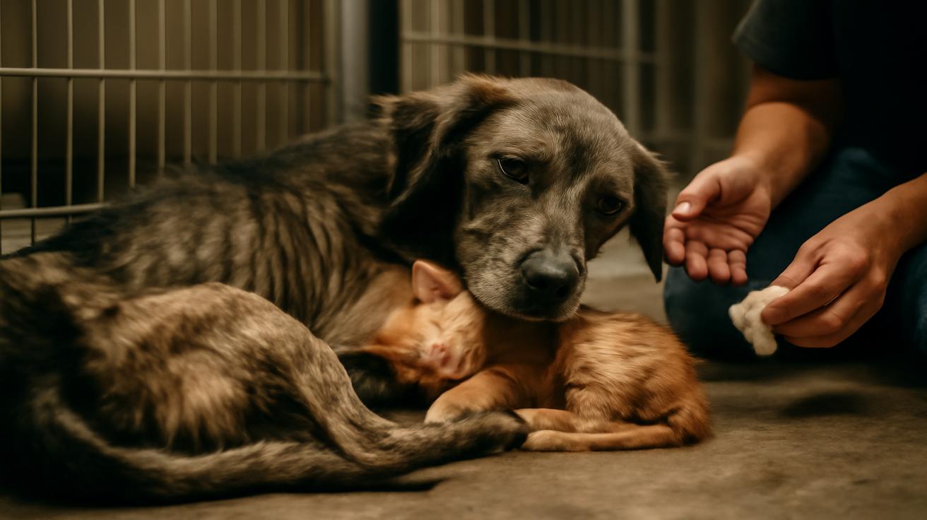 Shelter volunteers break down as an abandoned mixed breed dog refuses to leave the side of a tiny rescued kitten